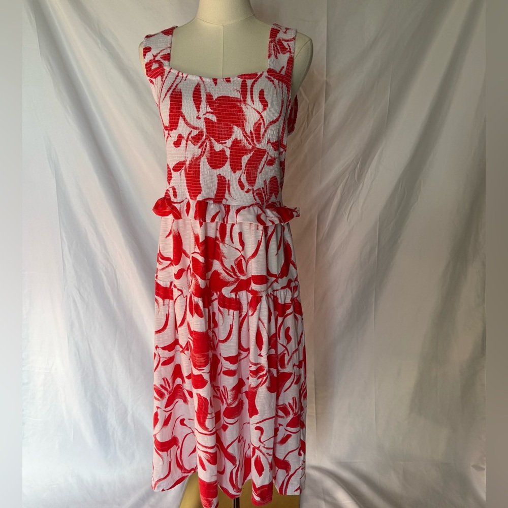 Nanette Lepore Play Red/White Floral Patterned Midi Dress Large Smocked Ruffle